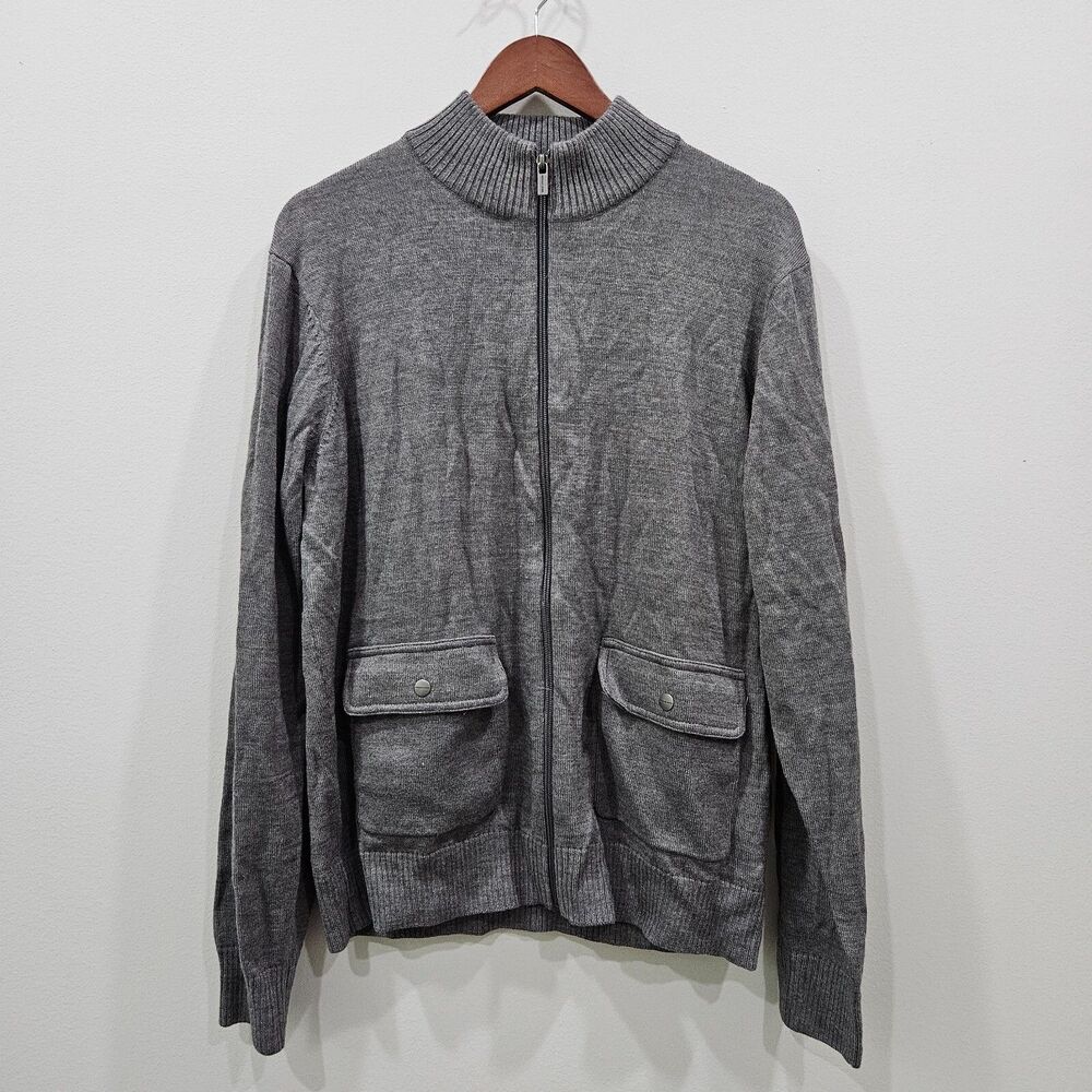 Michael Kors Mens Wool Blend Full Zip Sweater Size L Grey Pockets Warm Neutral